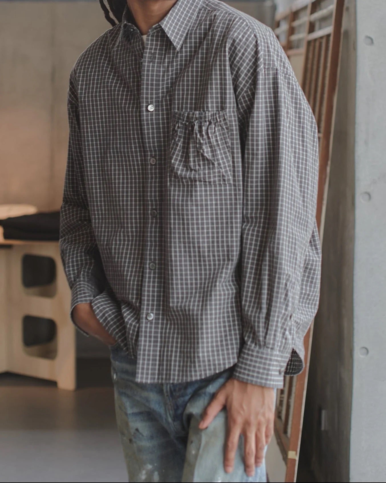 Charcoal Check Wrist Patch Slouch Shirt