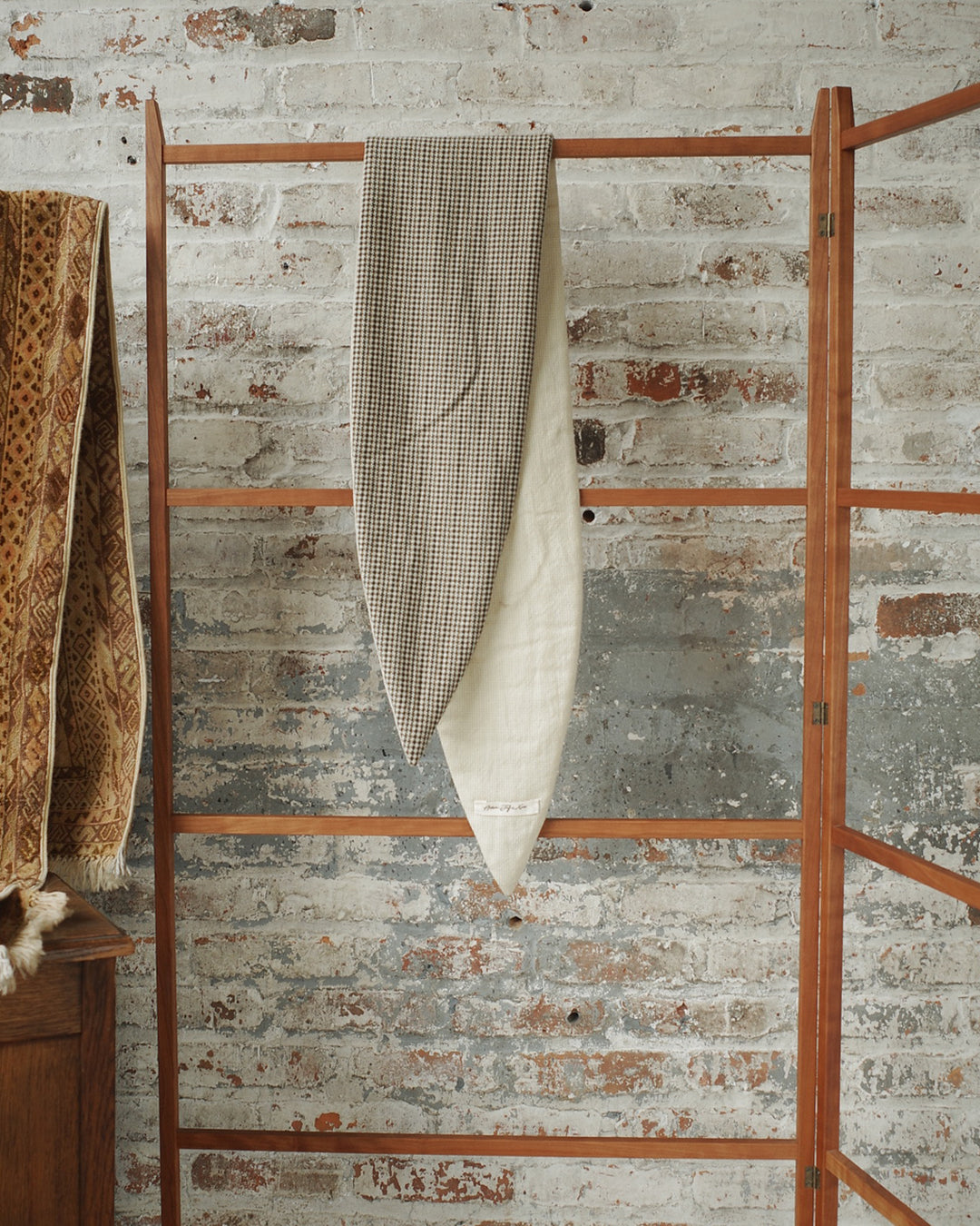 Natural/Carob Wool Pinwheel and Butter Microcheck Wool Crepe Narrow Scarf