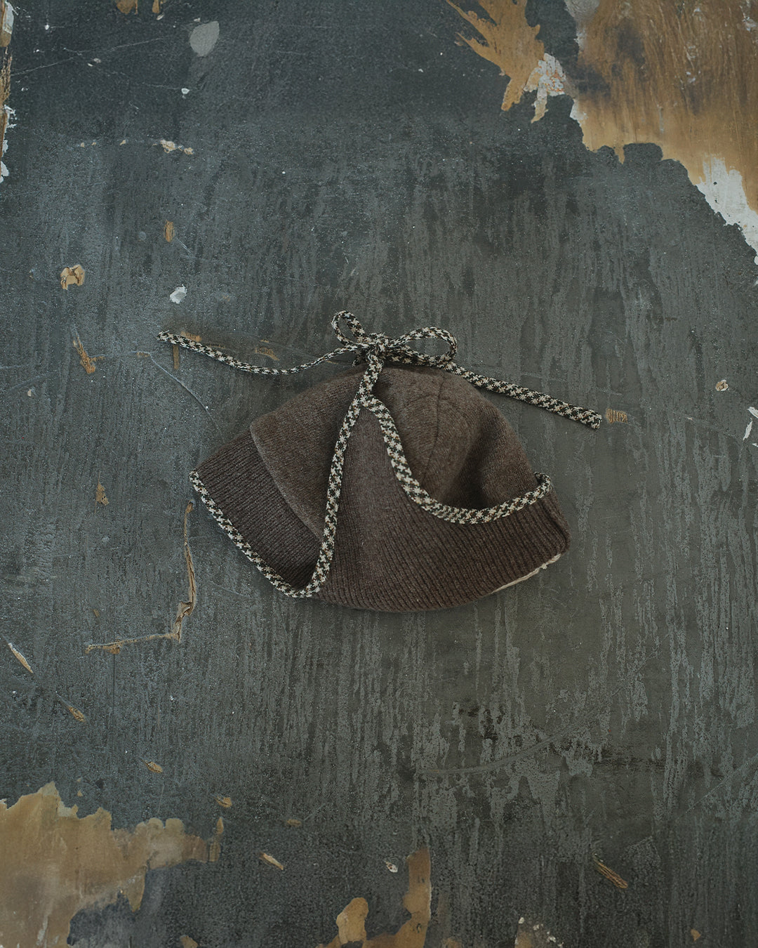 Natural Beige Wool Hemp Knit Contrast Flap Beanie