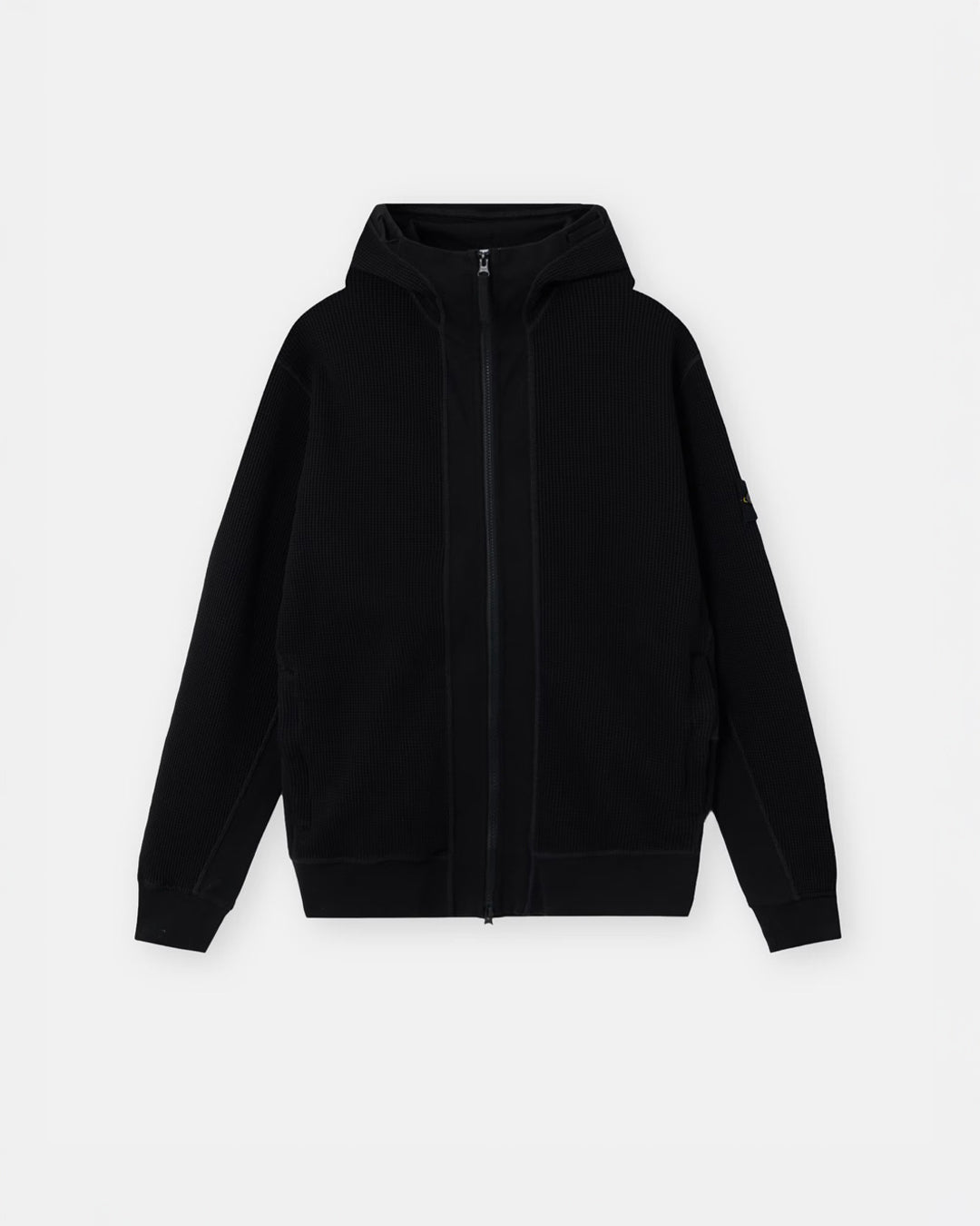 Black Organic Cotton Waffle Fleece Zipper-up Hooded Sweatshirt