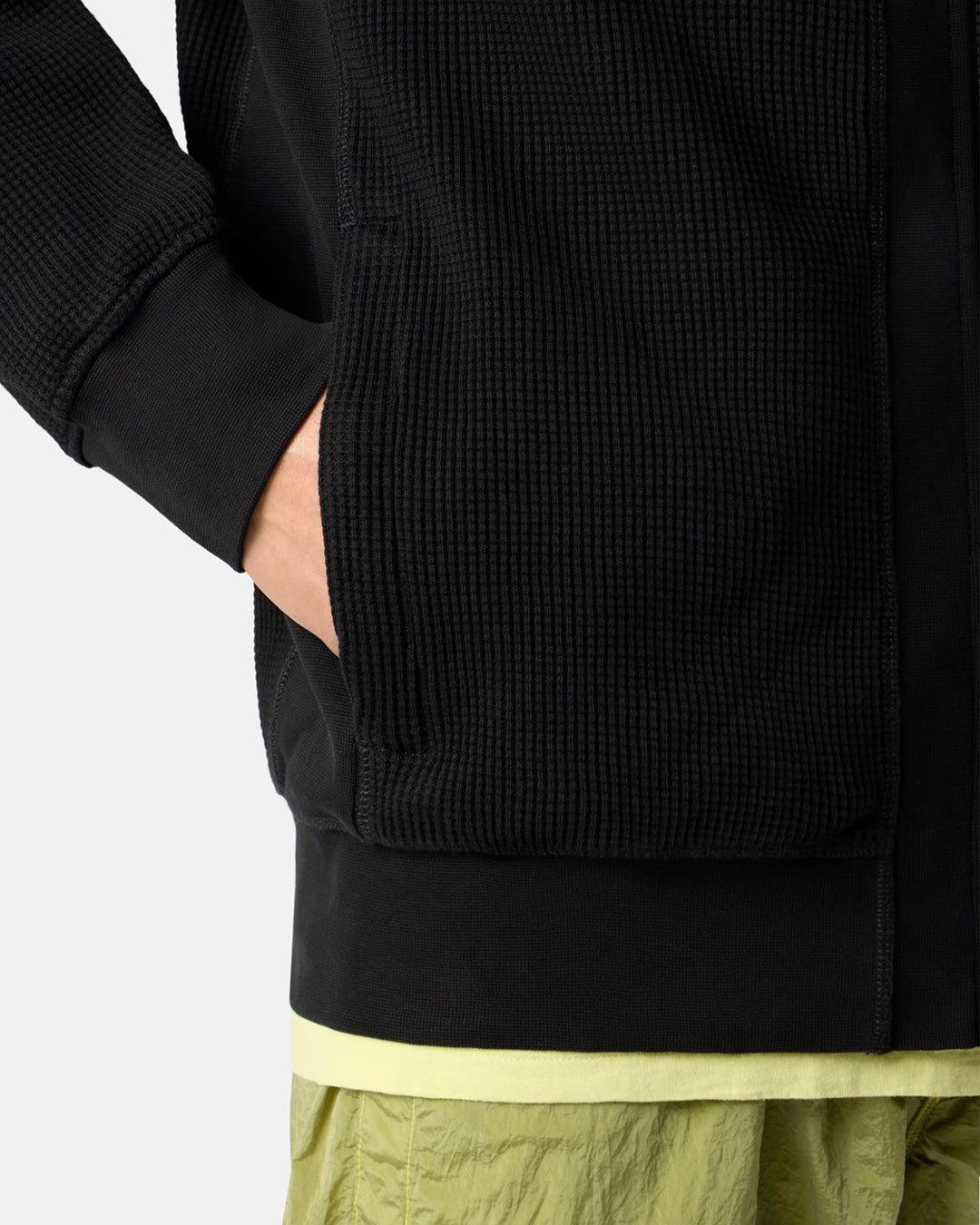 Black Organic Cotton Waffle Fleece Zipper-up Hooded Sweatshirt