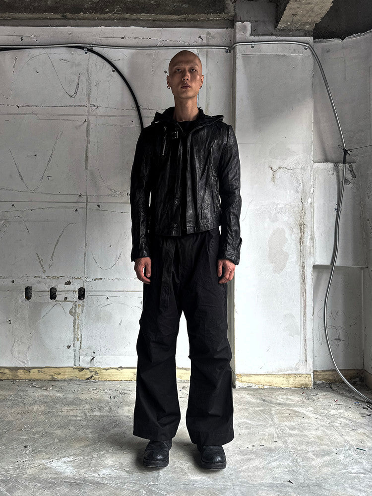 SAN263-1 Black Single Panel Hooded Leather Jacket