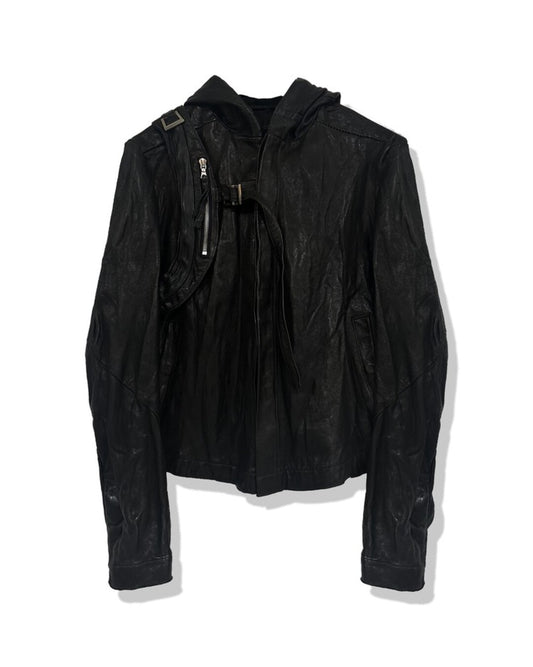 SAN263-1 Black Single Panel Hooded Leather Jacket