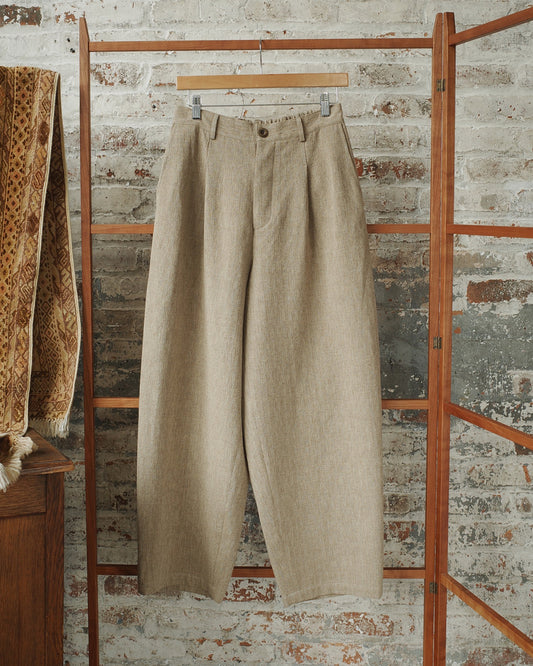 Ecru Wool Cotton Herringbone Single Pleated Pant