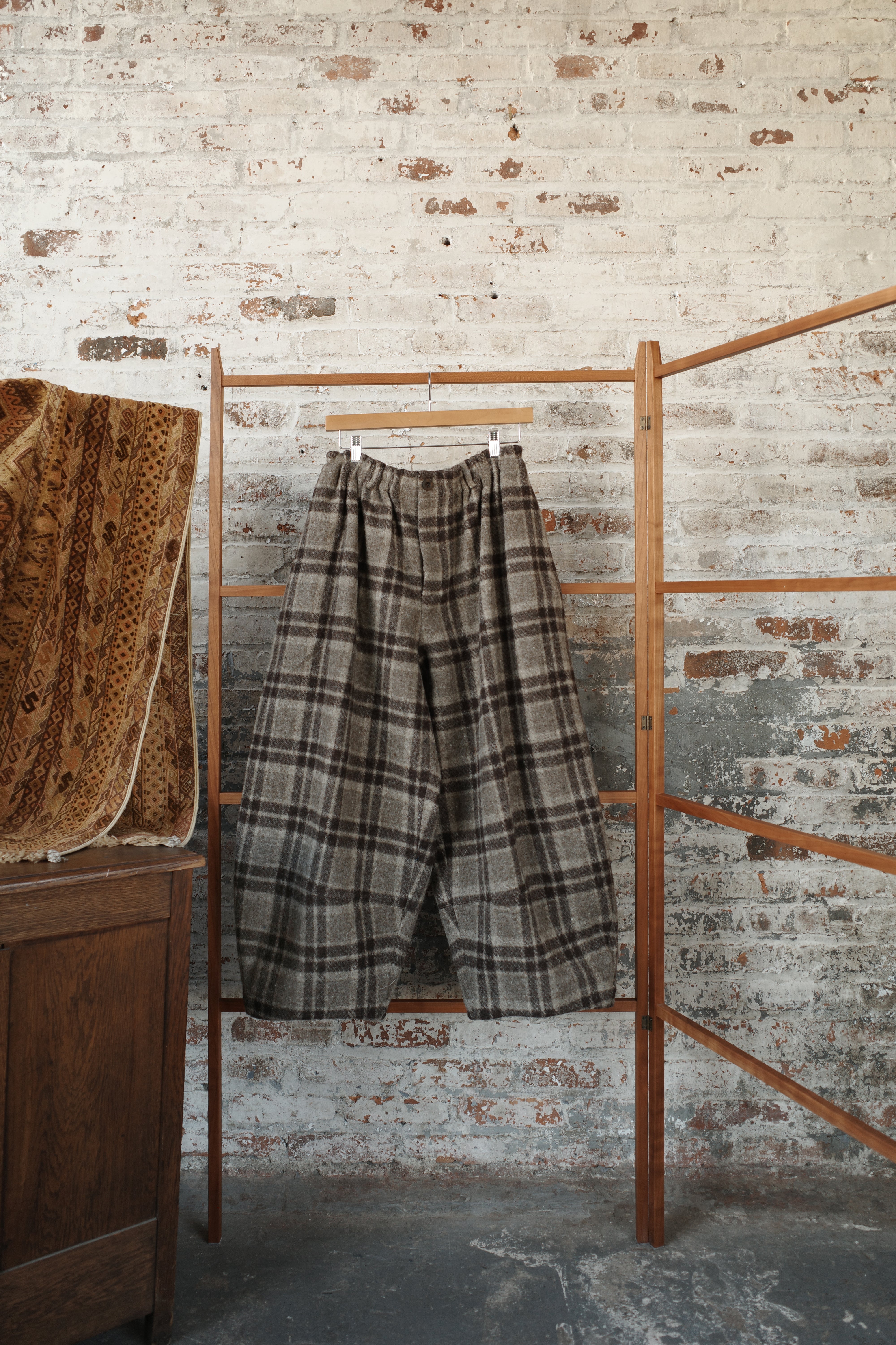 Natural Brown Brushed Wool Check/Carob Linen Velvet Cocoon Pants