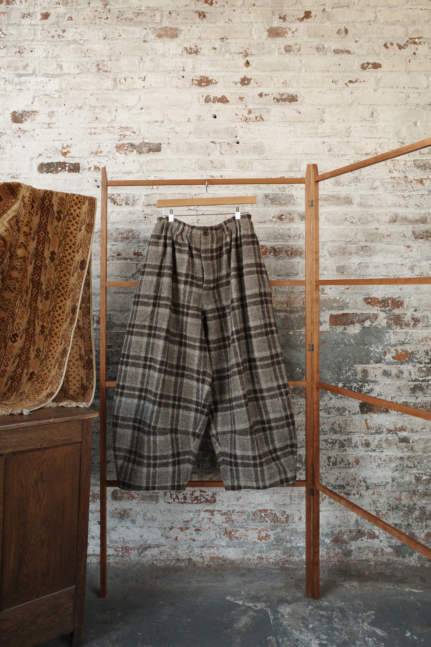 Natural Brown Brushed Wool Check/Carob Linen Velvet Cocoon Pants