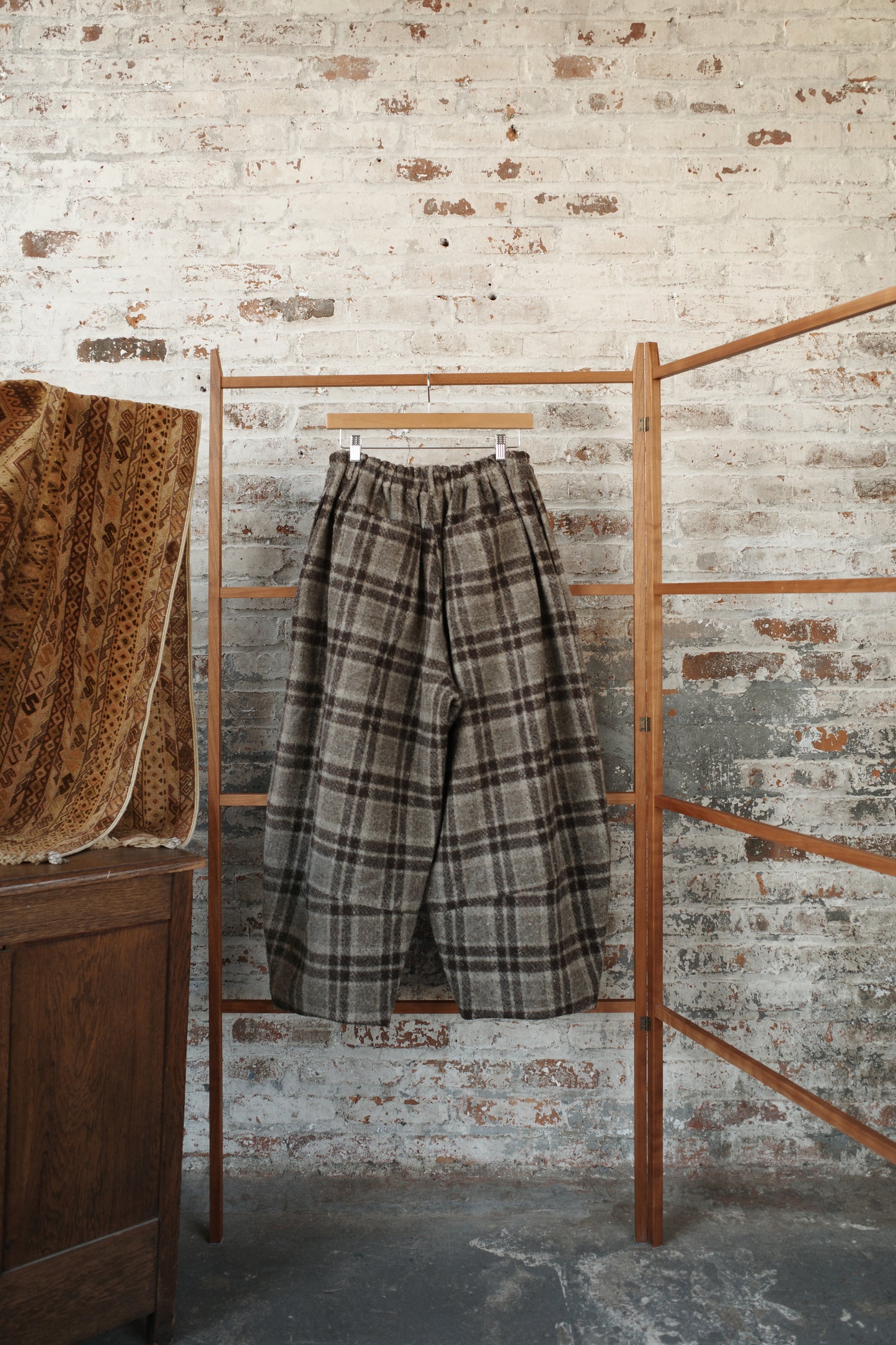 Natural Brown Brushed Wool Check/Carob Linen Velvet Cocoon Pants