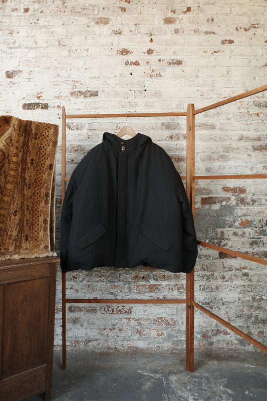 Black Wool Cotton Washi Twill Padded Zip Parka