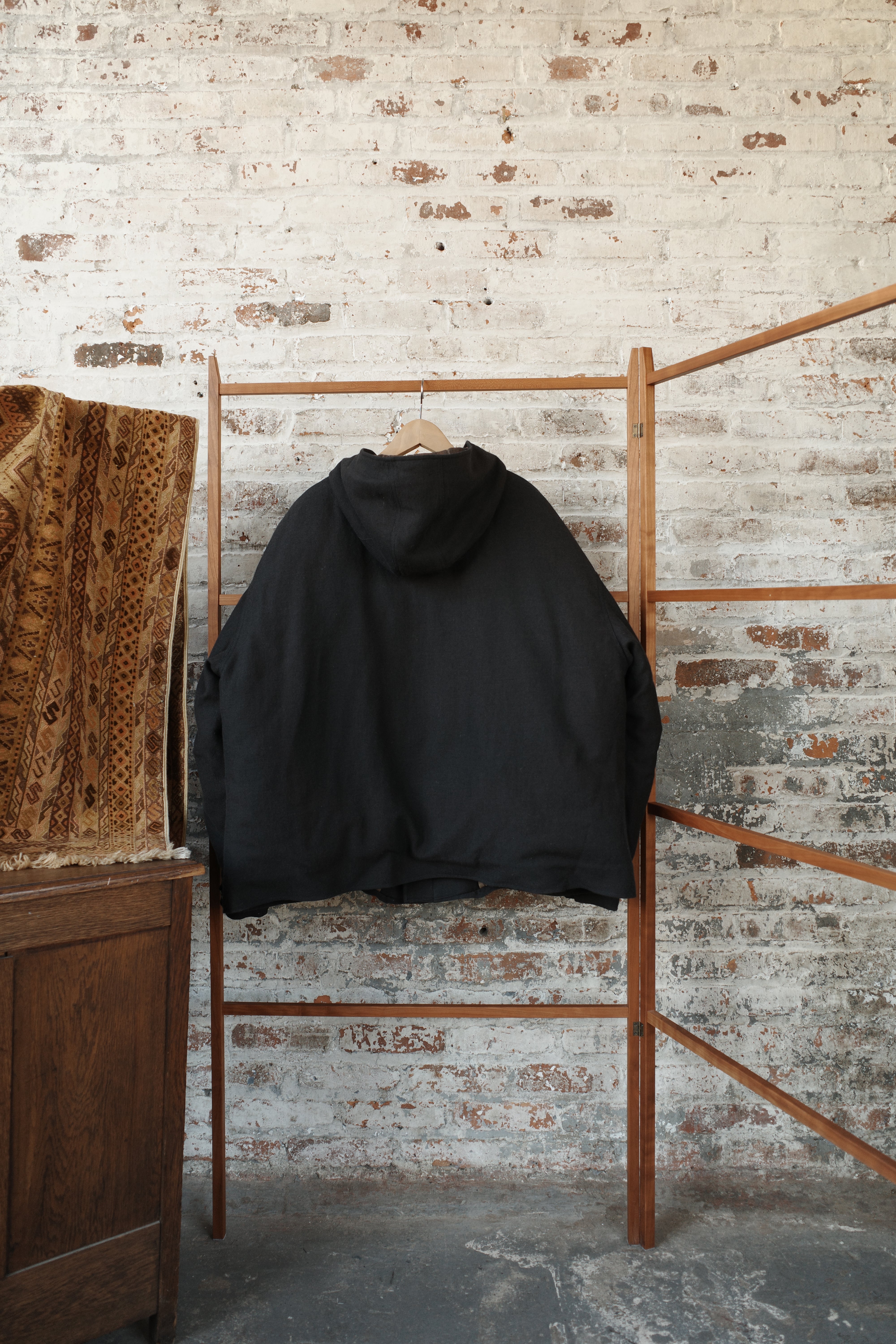 Black Wool Cotton Washi Twill Padded Zip Parka