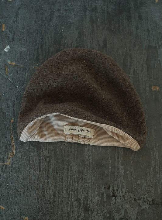 Natural Beige Wool Hemp Knit and Natural Stripe Cotton Jersey Reversible Beanie